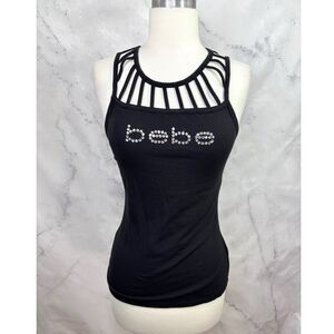 Vtg Bebe Black Rhinestone Logo Spell Out Blouse Tank S Stretch Y2K Bling Bimbo